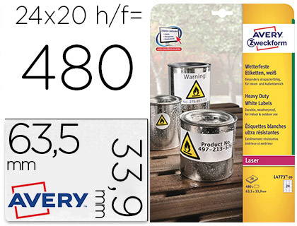 20 hojas A4 480 etiquetas adhesivas Avery 63,5x33,9mm. poliéster blanco